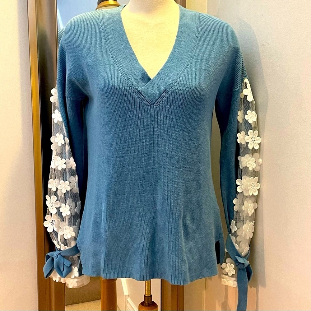 French Connection oversized small blue sweater with embroidered sleeves.